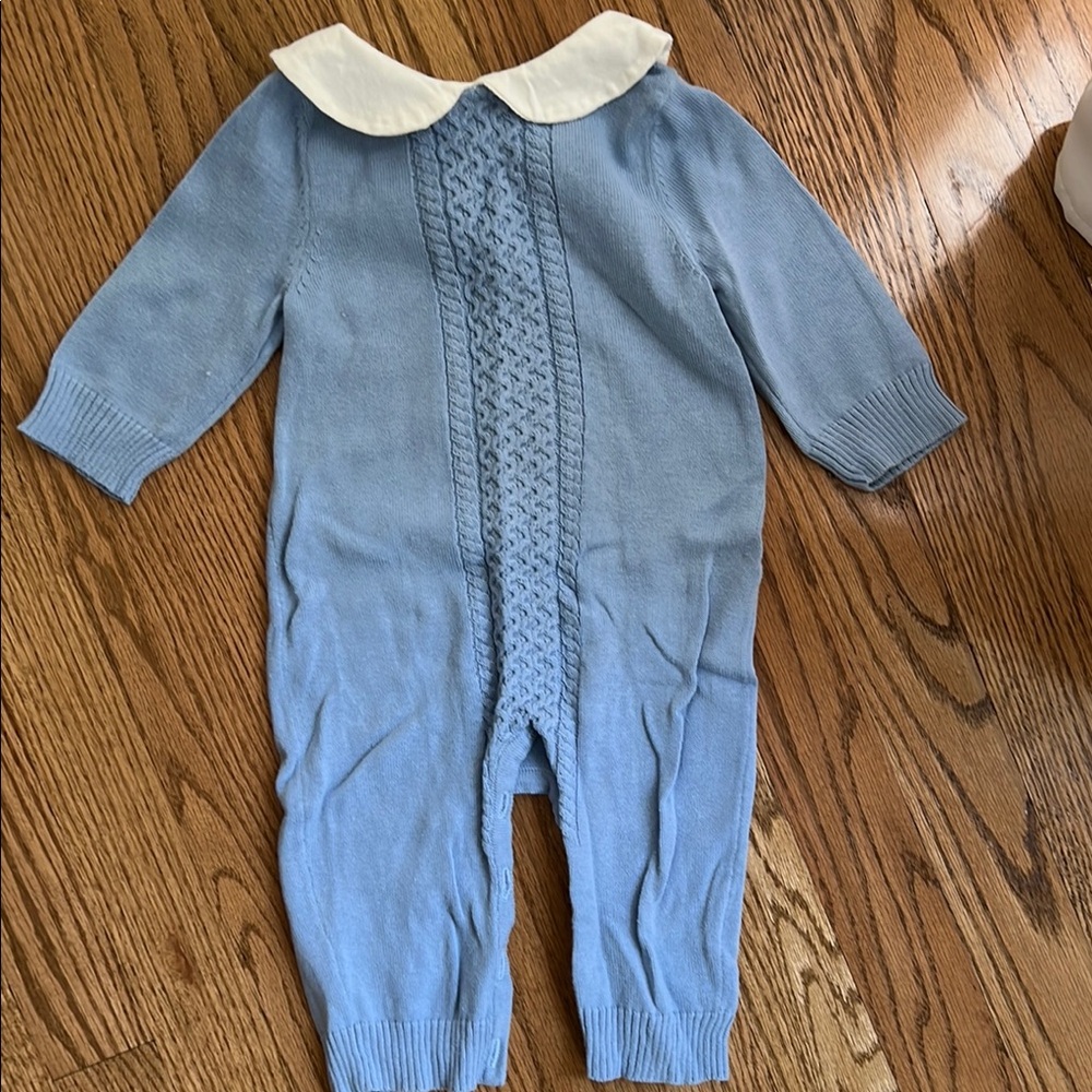 Blue Baby One Piece Cable Sweater with White Collar 3-6m